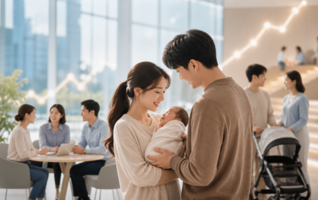 한국의 출생아 증가 흐름을 표현한 부모와 신생아의 편집 이미지