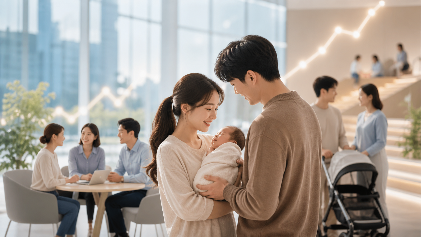 한국의 출생아 증가 흐름을 표현한 부모와 신생아의 편집 이미지