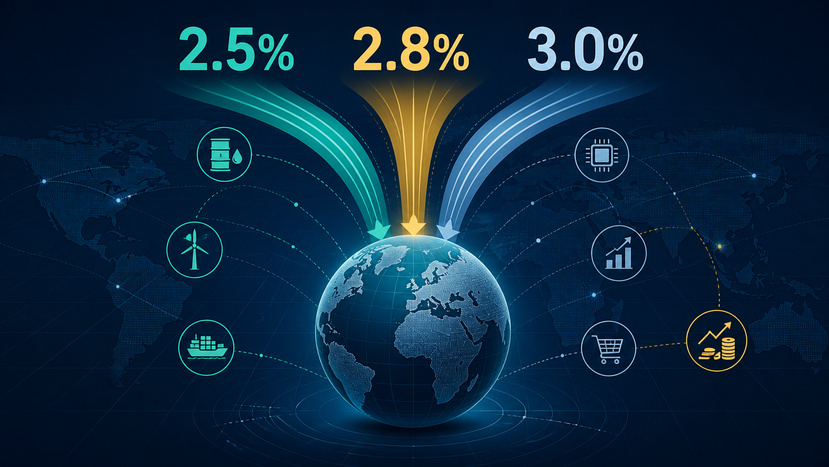 세계 성장률 2.5%, 2.8%, 3.0% 전망 경로와 에너지·기술·무역 변수를 비교한 편집 그래픽