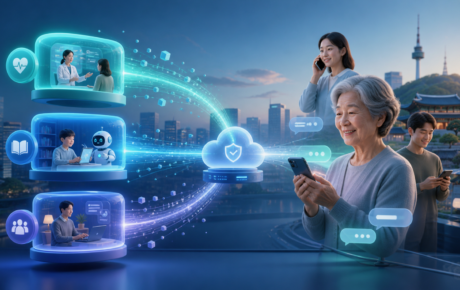 스마트폰과 전화·공공서비스를 연결하는 세 갈래 AI 서비스와 다양한 시민을 표현한 일러스트