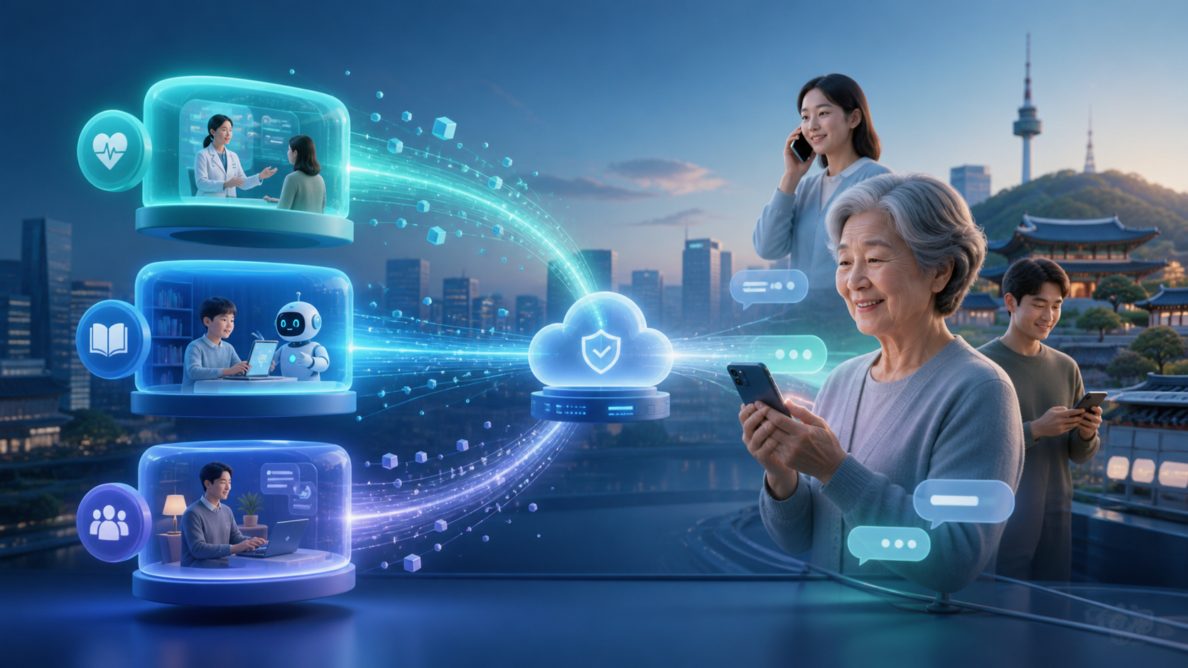 스마트폰과 전화·공공서비스를 연결하는 세 갈래 AI 서비스와 다양한 시민을 표현한 일러스트