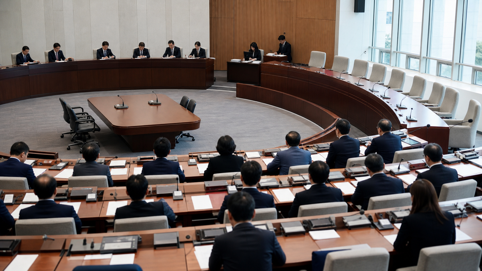 국회 운영위원회에서 결의안 표결 절차를 진행하는 익명의 의원들과 빈 의석