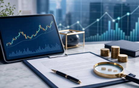 은행 상담 데스크 위 ETF 차트와 신탁계약서의 수수료를 돋보기로 살피는 가로형 이미지