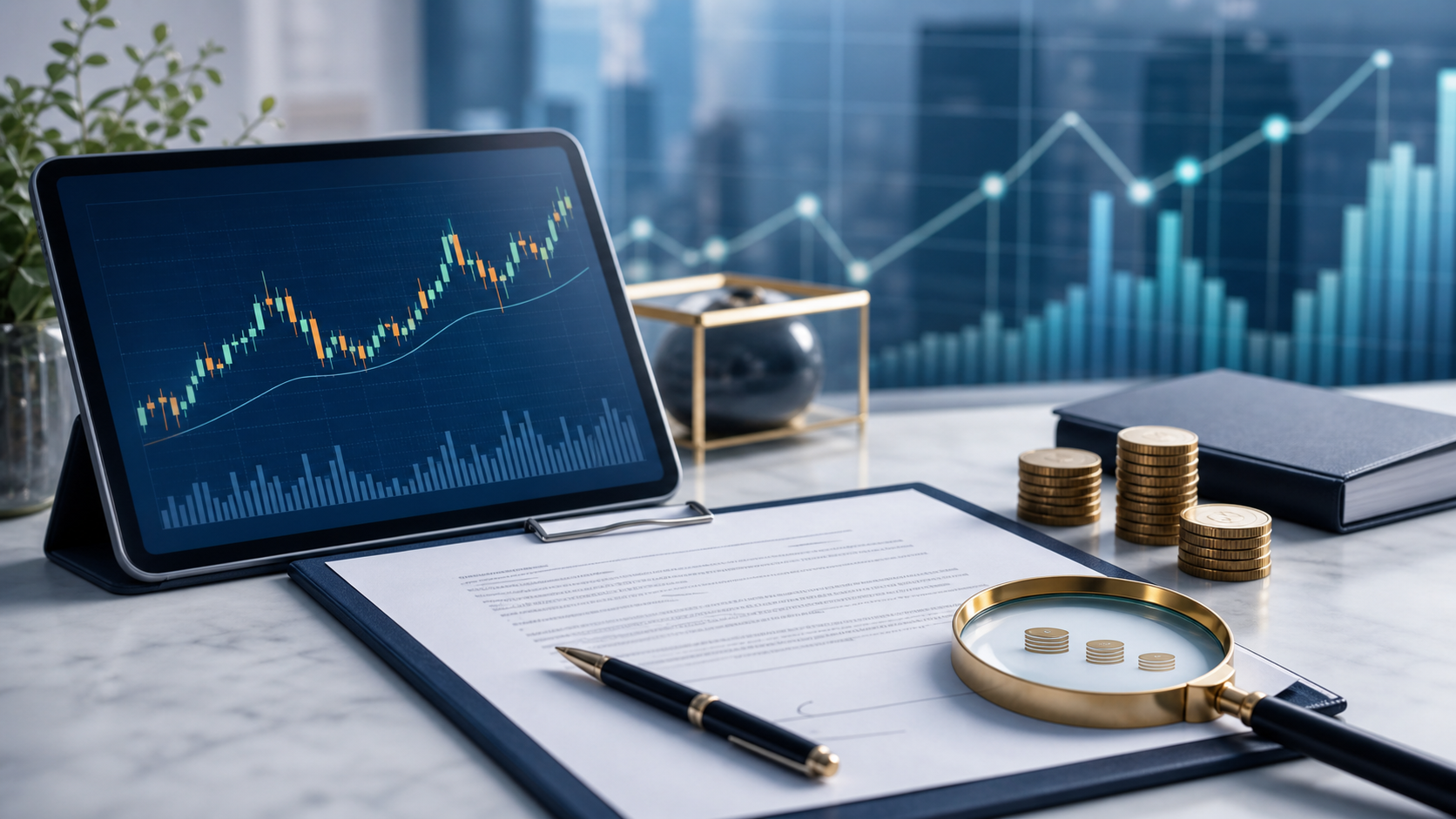 은행 상담 데스크 위 ETF 차트와 신탁계약서의 수수료를 돋보기로 살피는 가로형 이미지