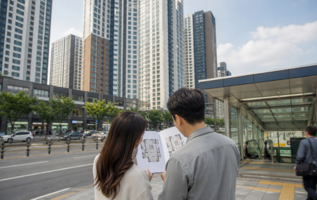 부천 지하철역 인근 고층 아파트와 청약 도면을 살펴보는 예비 신청자