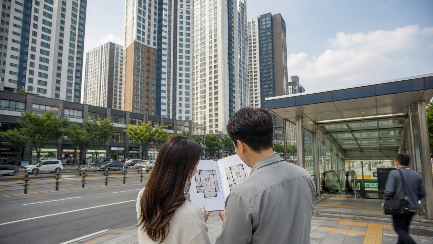 부천 지하철역 인근 고층 아파트와 청약 도면을 살펴보는 예비 신청자