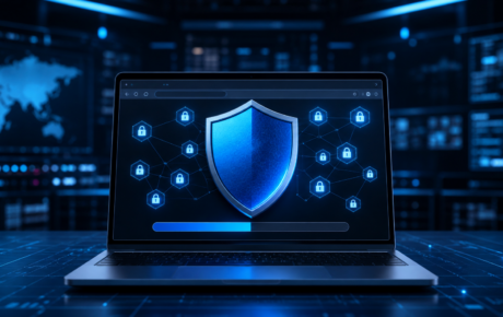 노트북 브라우저 화면과 보안 방패·업데이트 진행 표시를 표현한 Chrome 152 보안 이미지