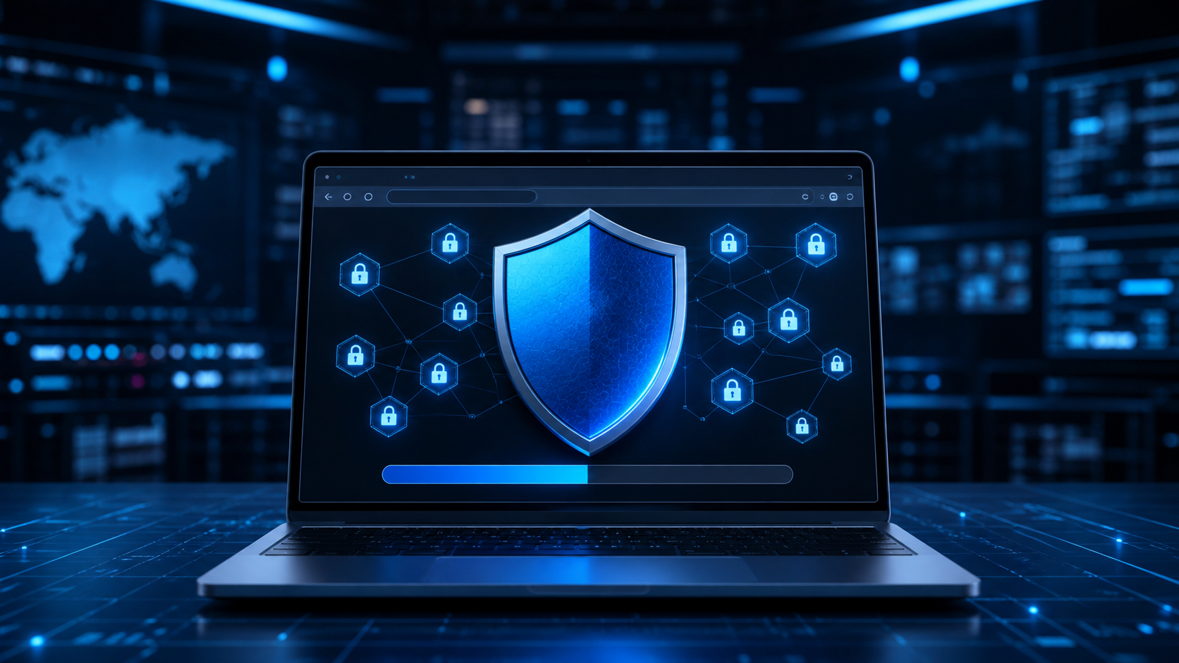 노트북 브라우저 화면과 보안 방패·업데이트 진행 표시를 표현한 Chrome 152 보안 이미지
