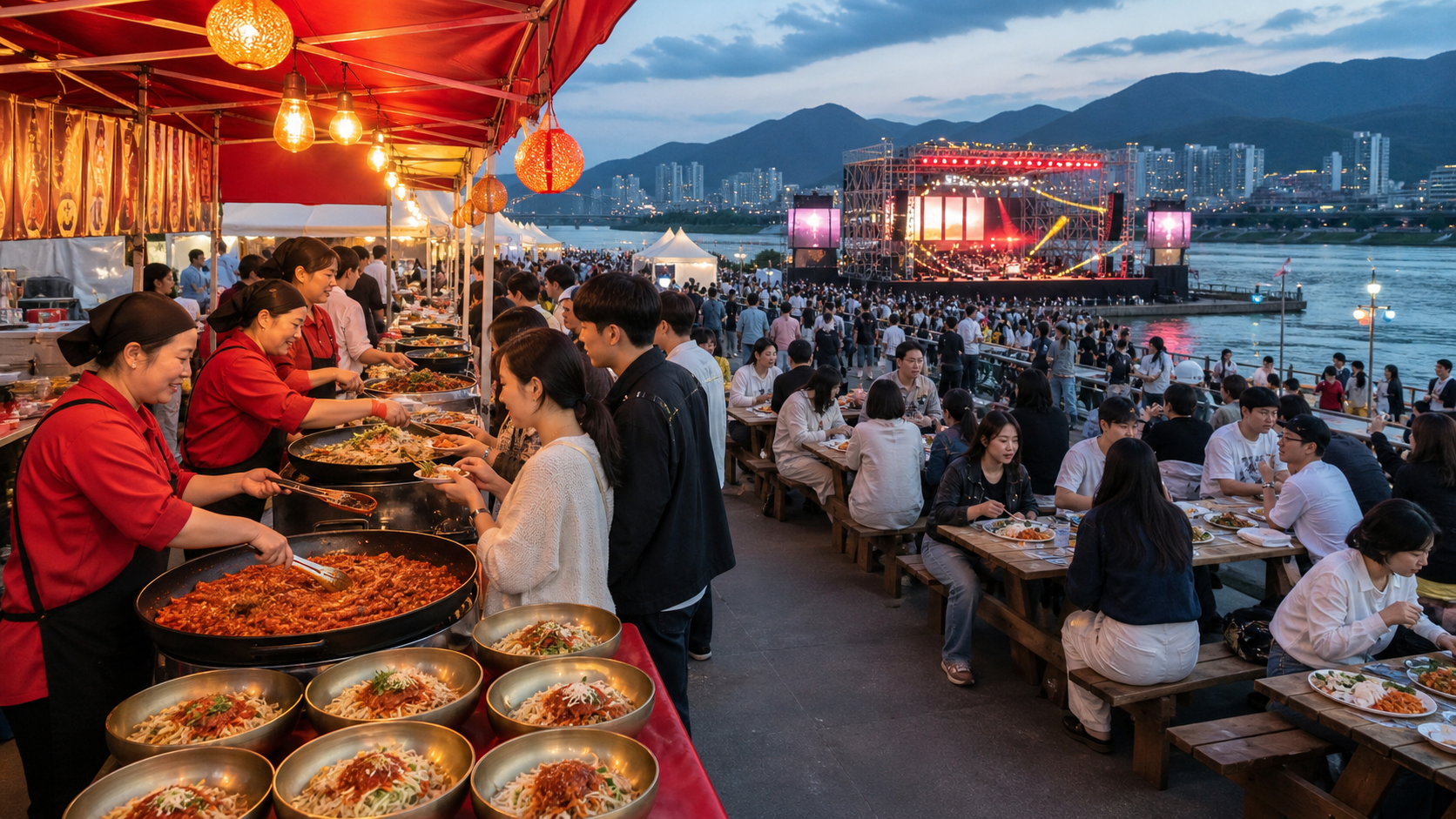 공지천 수변 축제장에서 막국수와 닭갈비를 즐기는 방문객과 음식 부스