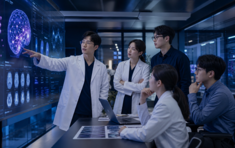 의료진과 AI 전문가가 의료 데이터 화면을 보며 지역의료 혁신을 논의하는 모습