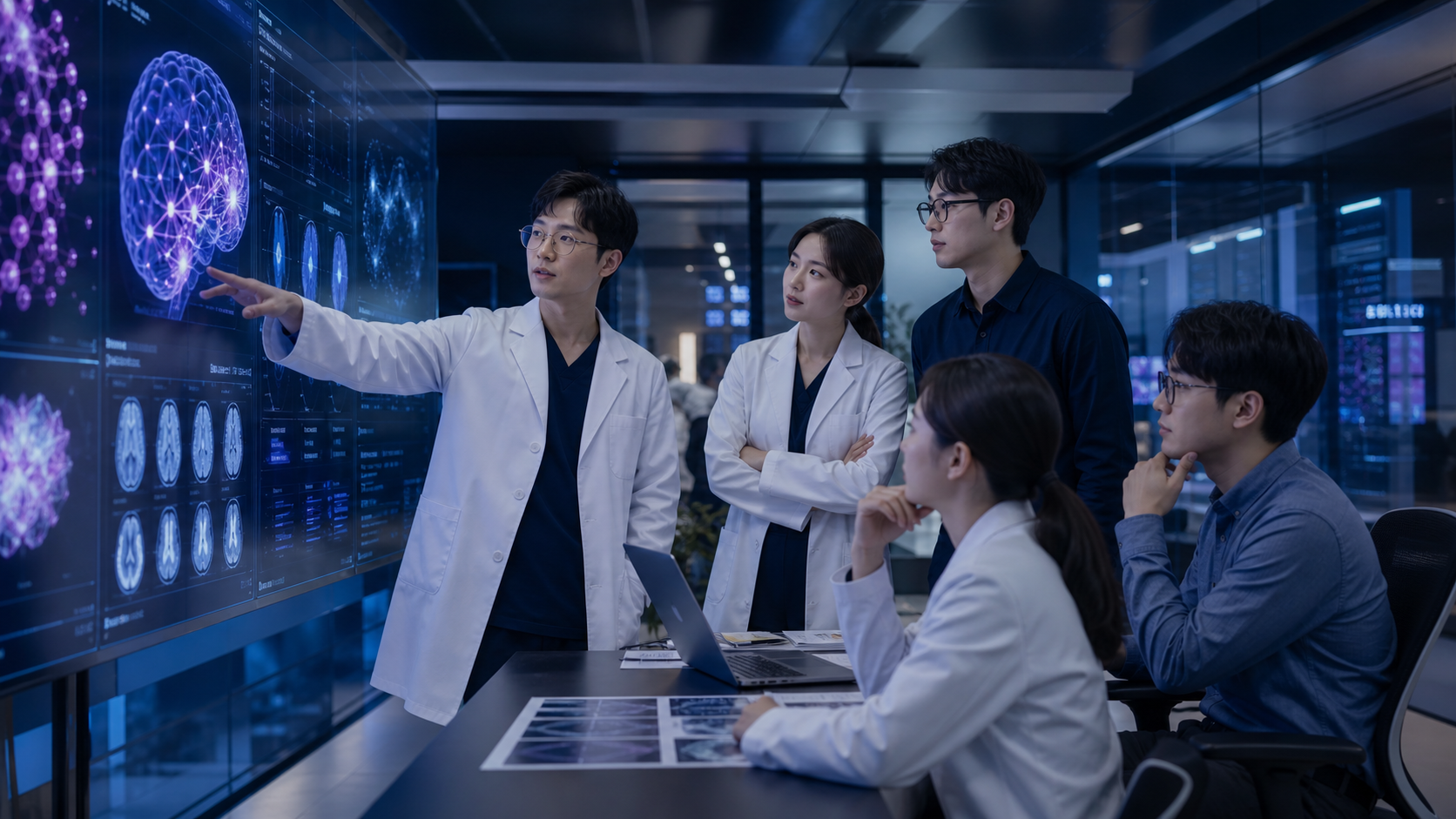 의료진과 AI 전문가가 의료 데이터 화면을 보며 지역의료 혁신을 논의하는 모습