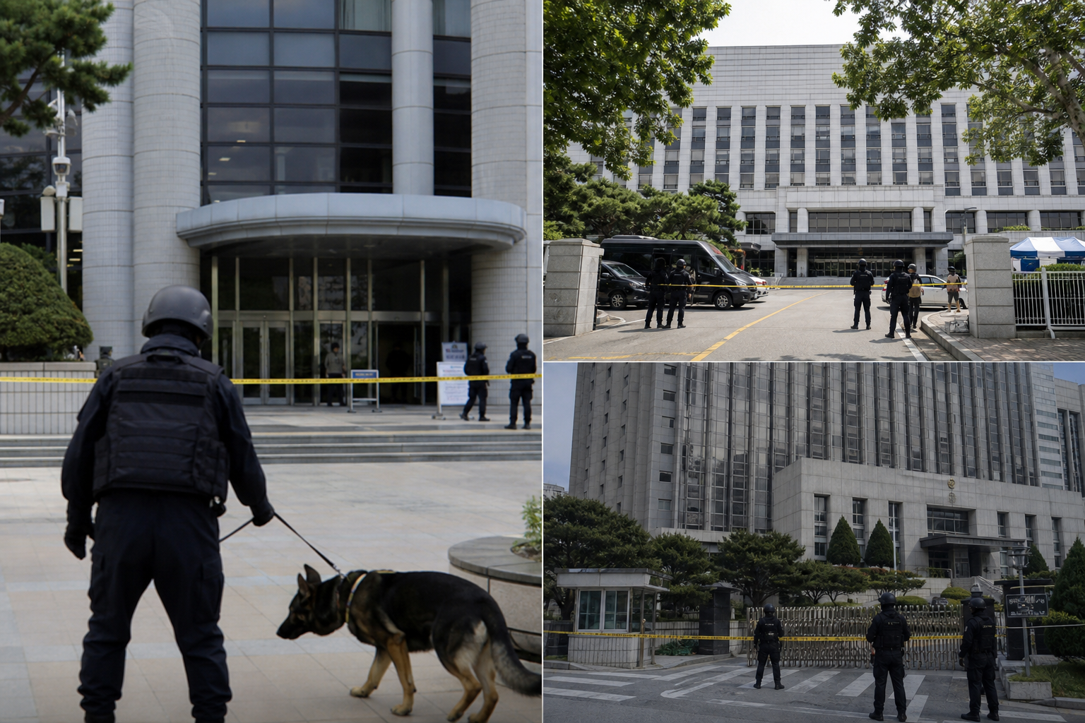 법원 폭발물 협박 신고 뒤 청사 주변을 통제하고 수색하는 경찰특공대