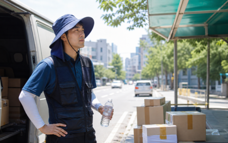 여름철 배송 차량 옆에서 물을 든 택배기사와 그늘 휴식 공간을 표현한 산재 보호 이미지