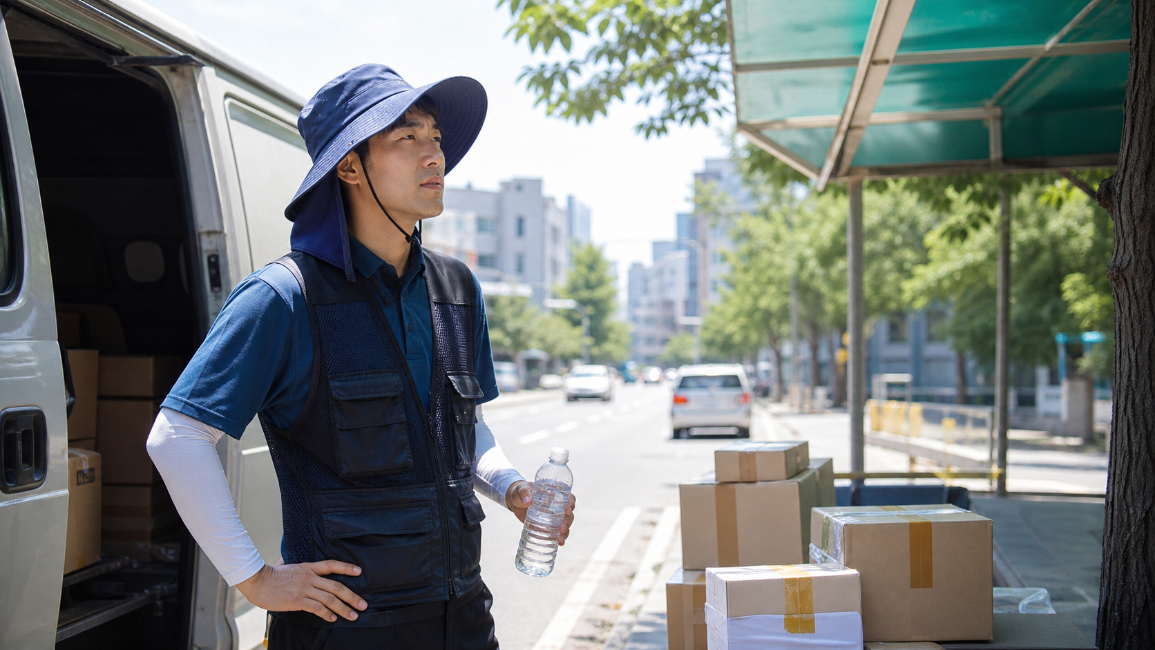 여름철 배송 차량 옆에서 물을 든 택배기사와 그늘 휴식 공간을 표현한 산재 보호 이미지