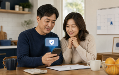 모바일 뱅킹으로 장려금 입금을 확인하는 한국 가정의 편집 이미지