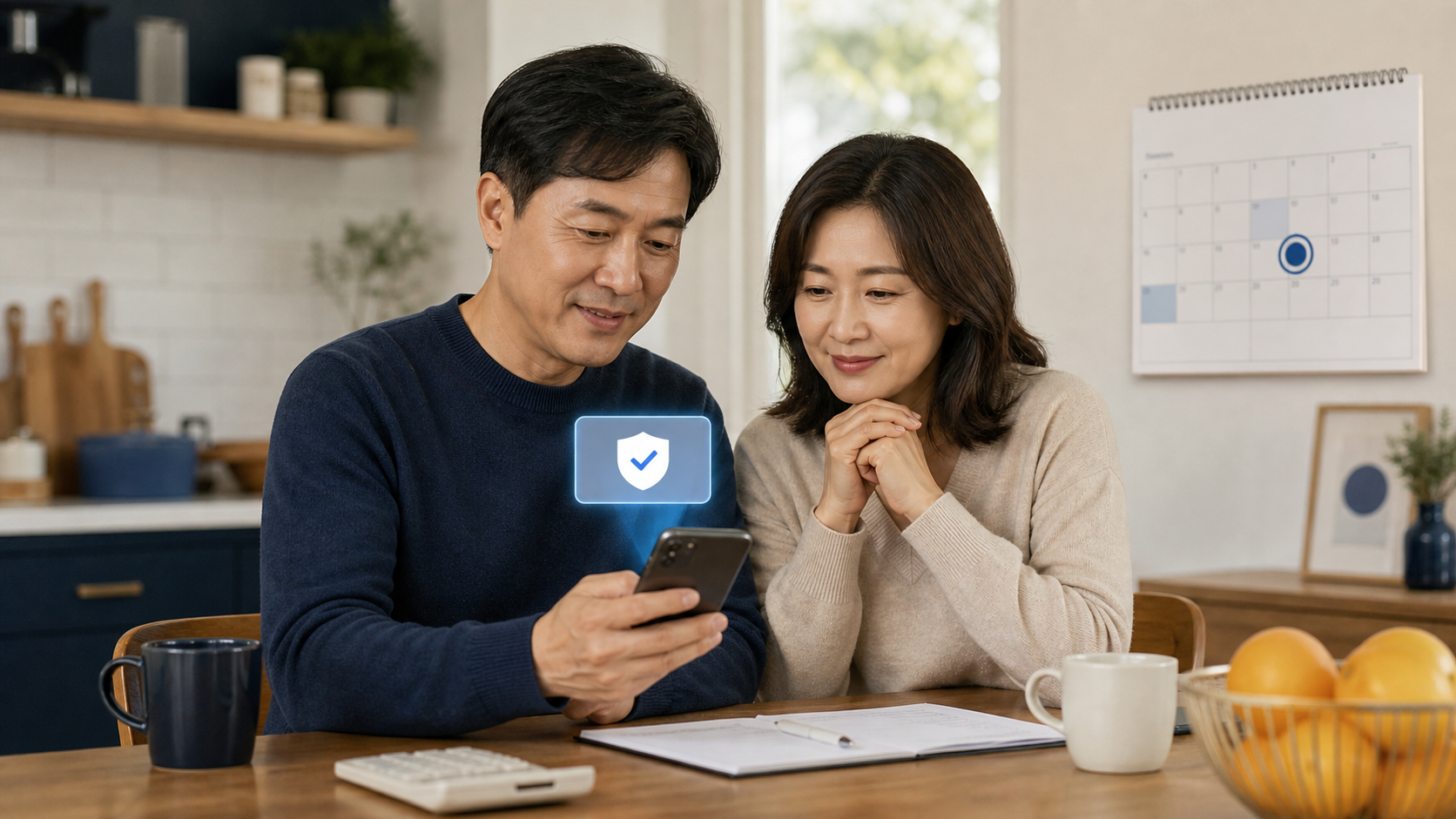 모바일 뱅킹으로 장려금 입금을 확인하는 한국 가정의 편집 이미지