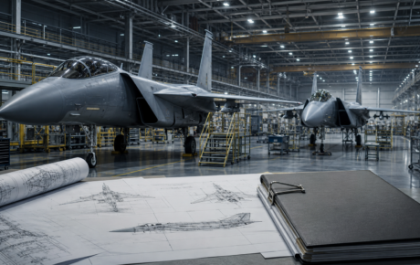 F-15 계열 전투기 두 대와 설계도·계약 문서를 배치한 항공 정비시설 이미지