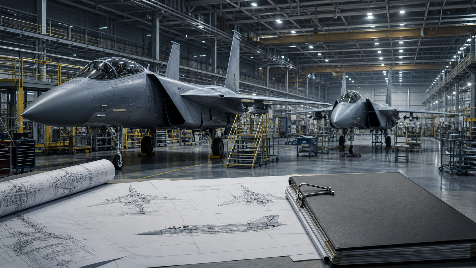 F-15 계열 전투기 두 대와 설계도·계약 문서를 배치한 항공 정비시설 이미지