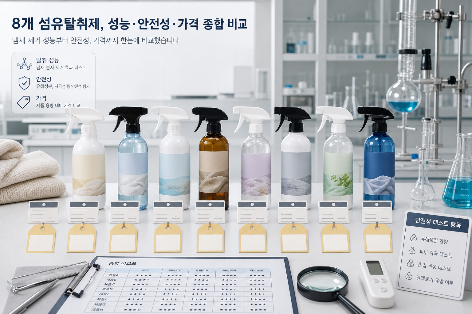 한국소비자원이 비교한 섬유탈취제 8종과 냄새별 성능·가격 차이를 표현한 이미지