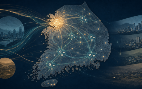 한국 지도 위 수도권 집중과 지역 서비스 거점, 생활인구 이동을 표현한 정책 분석 그래픽