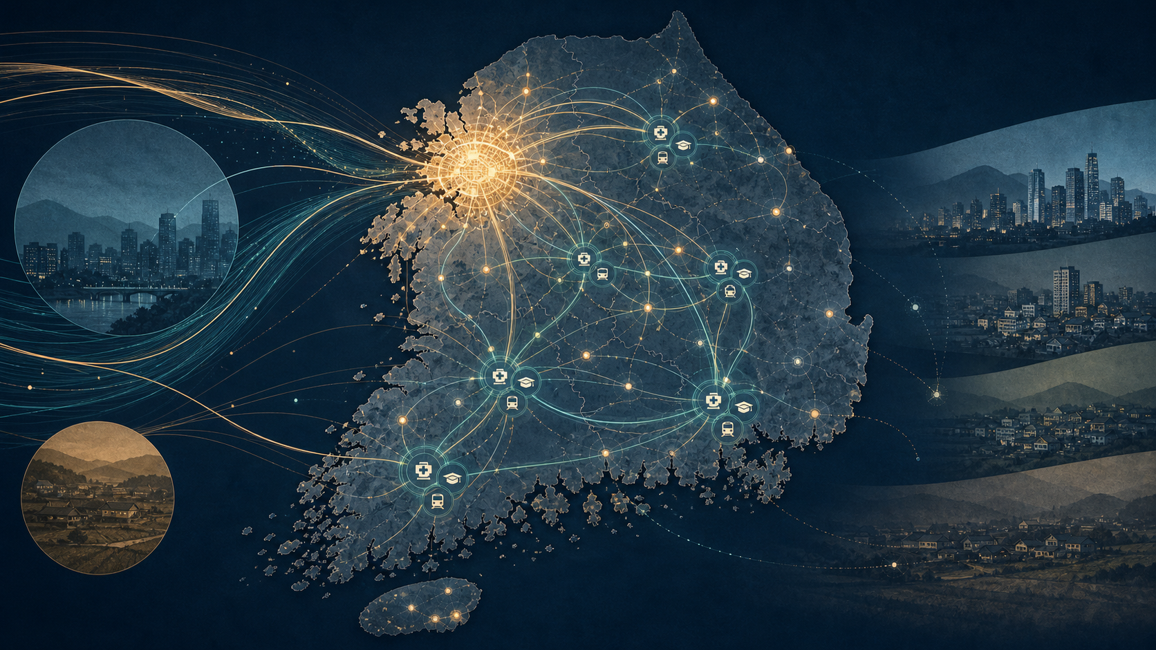 한국 지도 위 수도권 집중과 지역 서비스 거점, 생활인구 이동을 표현한 정책 분석 그래픽