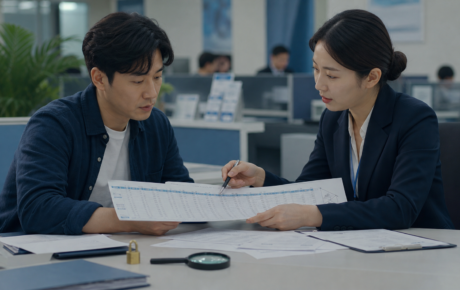 국민연금 상담창구에서 외국인 추후납부 내역을 검토하는 상담사와 가입자