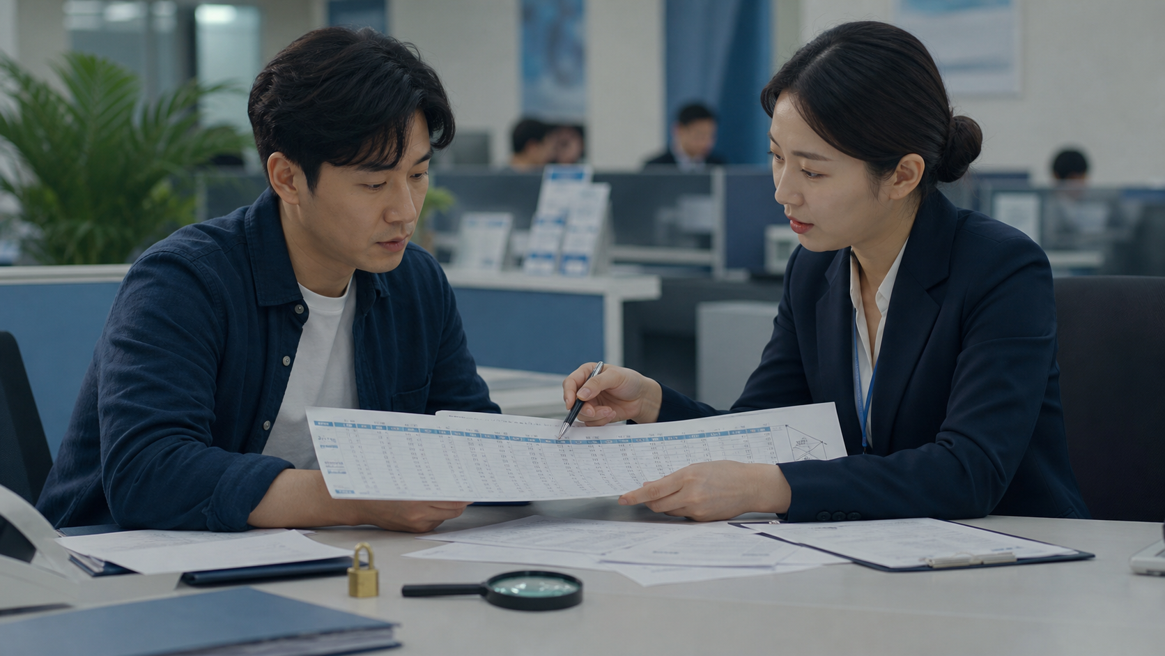 국민연금 상담창구에서 외국인 추후납부 내역을 검토하는 상담사와 가입자