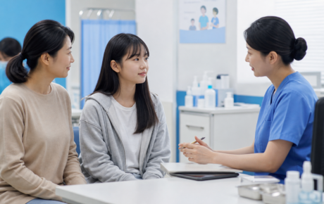 예방접종 전 간호사와 상담하는 청소년과 보호자 대표 이미지