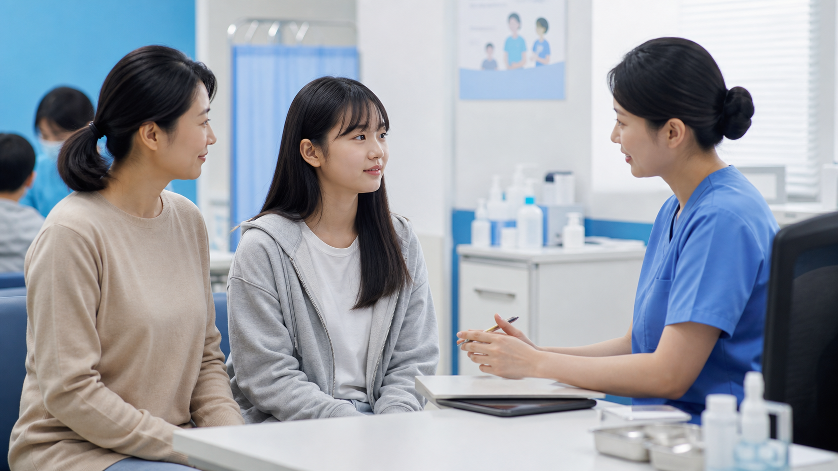 예방접종 전 간호사와 상담하는 청소년과 보호자 대표 이미지
