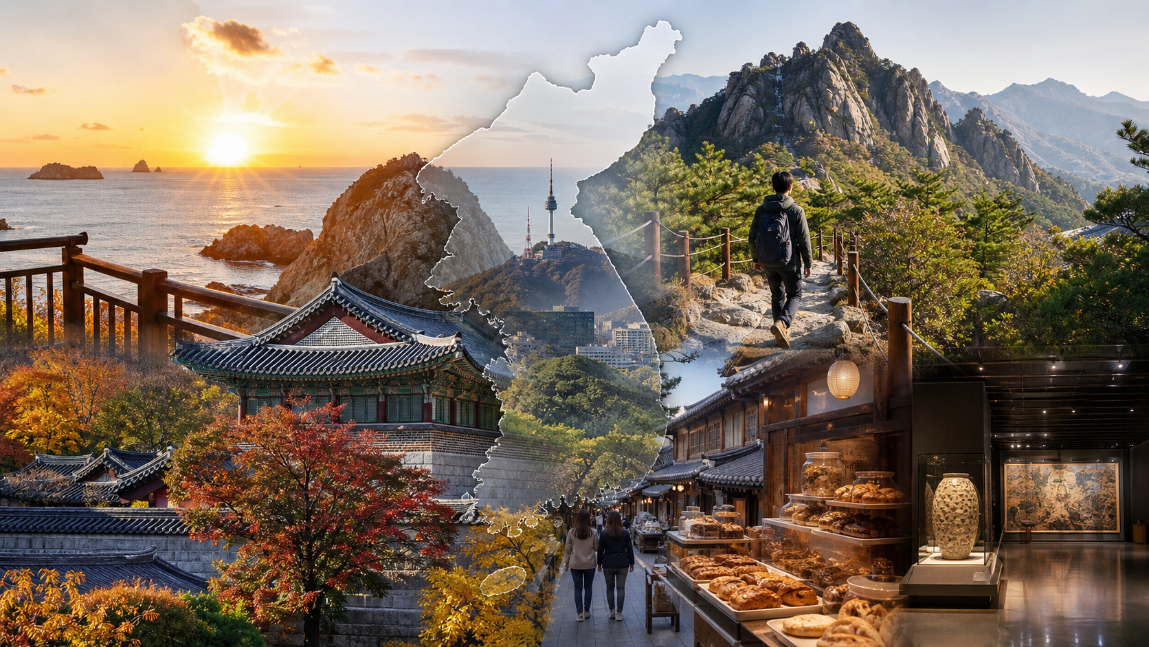 대한민국 여행지도와 여러 지역 명소를 상징하는 여행 계획 이미지