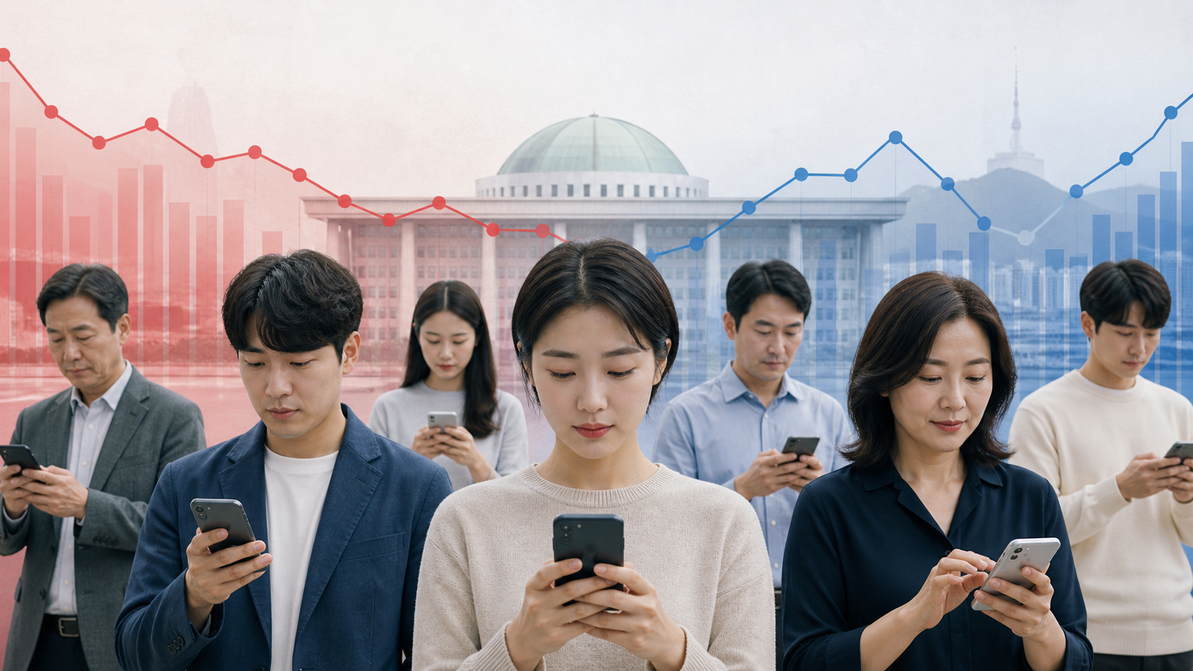 대통령 국정수행 여론조사의 표본과 오차를 상징하는 투표용지와 통계 그래프