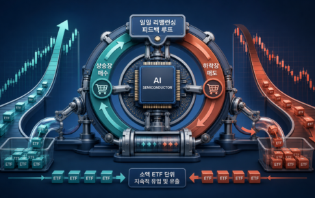 레버리지 ETF가 상승장에서 매수하고 하락장에서 매도하는 일일 재조정 피드백 구조를 표현한 일러스트