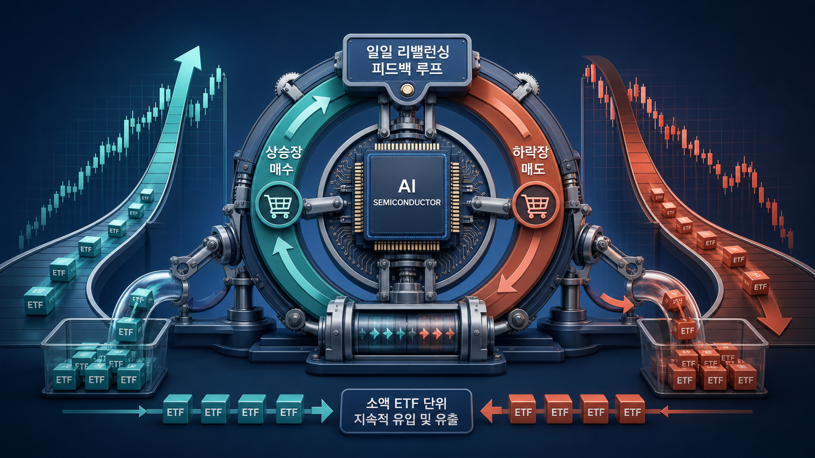 레버리지 ETF가 상승장에서 매수하고 하락장에서 매도하는 일일 재조정 피드백 구조를 표현한 일러스트