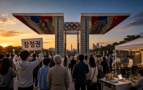올림픽공원 평화의 문 아래 태극기와 참정권 팻말을 든 시민 집회와 자원봉사 공간