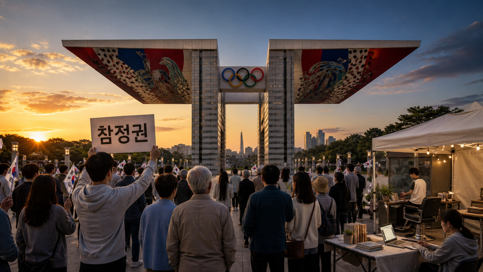 올림픽공원 평화의 문 아래 태극기와 참정권 팻말을 든 시민 집회와 자원봉사 공간