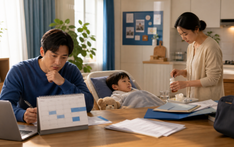 아픈 자녀를 돌보며 단기 육아휴직 일정을 확인하는 맞벌이 부모