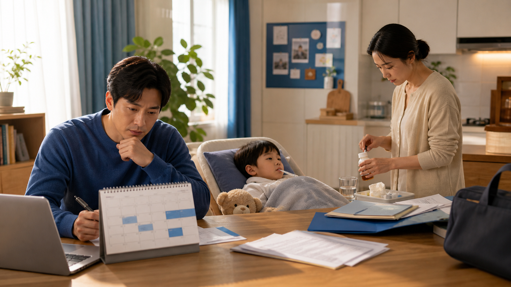 아픈 자녀를 돌보며 단기 육아휴직 일정을 확인하는 맞벌이 부모