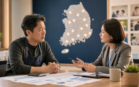 전국 14개 지역 점이 표시된 한국 지도 앞에서 소상공인과 전문상담사가 마주 앉은 이미지