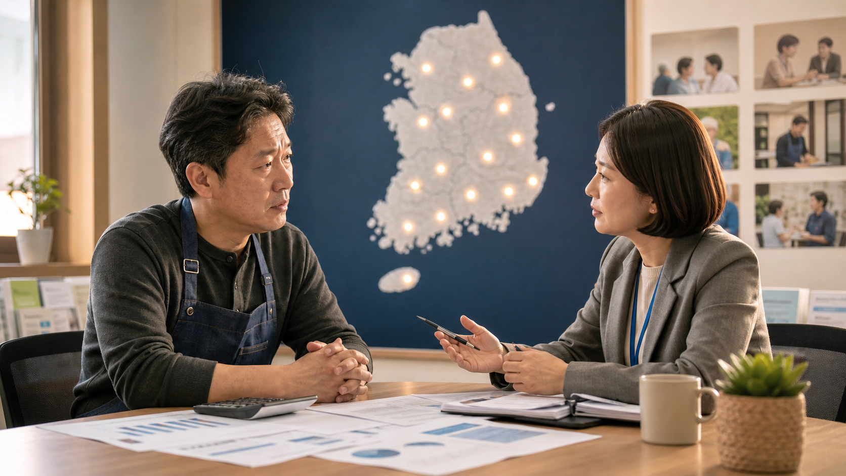 전국 14개 지역 점이 표시된 한국 지도 앞에서 소상공인과 전문상담사가 마주 앉은 이미지