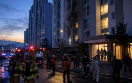 새벽 울산 아파트 5층에서 발생한 화재와 대피·진화 상황을 표현한 이미지