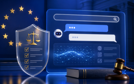 EU 디지털서비스법 감독을 상징하는 별과 방패, AI 대화형 검색 화면