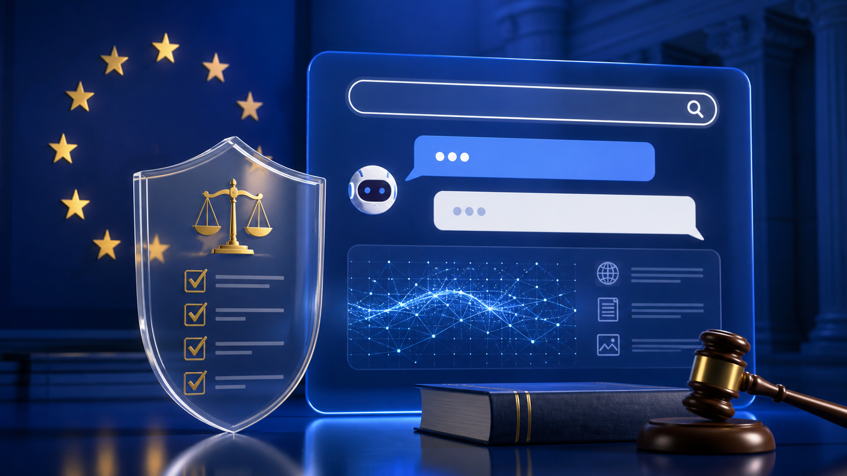 EU 디지털서비스법 감독을 상징하는 별과 방패, AI 대화형 검색 화면