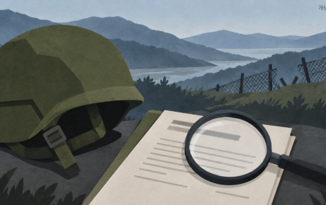 방호용 헬멧과 조사 문서·돋보기로 DMZ 폭발 원인 규명과 장병 보호를 표현한 AI 제작 개념 삽화