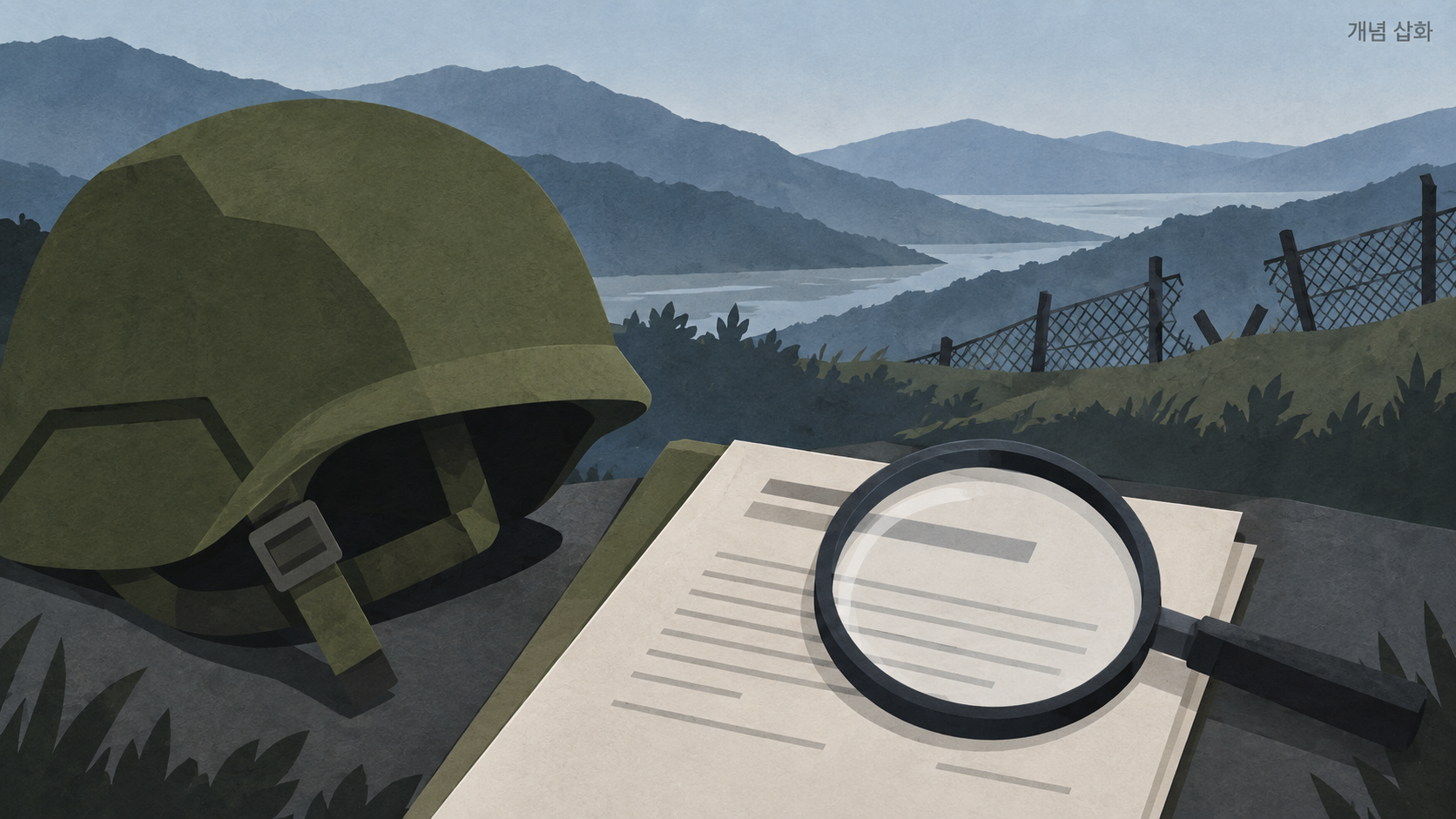 방호용 헬멧과 조사 문서·돋보기로 DMZ 폭발 원인 규명과 장병 보호를 표현한 AI 제작 개념 삽화