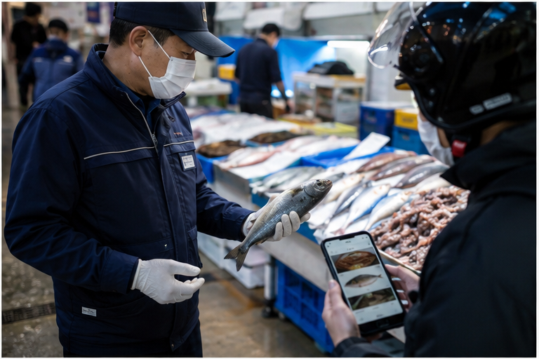 수산시장과 배달앱의 수산물 원산지 점검을 표현한 편집 이미지